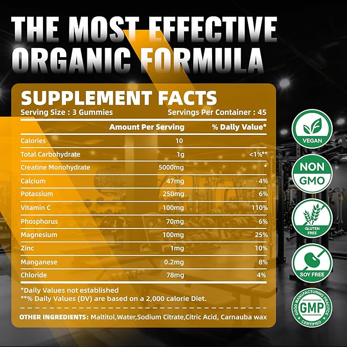 NSF Certified Creatine Gummy - Creatine Monohydrate Gummies for Men & Women-5g of Creatine Monohydrate per Serving - Sugar Free,Vegan, Organe Electrolyte Chews, 135 Count