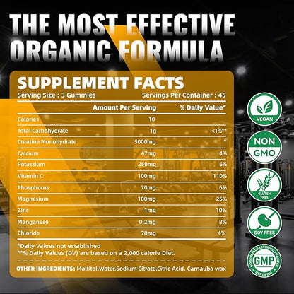 NSF Certified Creatine Gummy - Creatine Monohydrate Gummies for Men & Women-5g of Creatine Monohydrate per Serving - Sugar Free,Vegan, Organe Electrolyte Chews, 135 Count