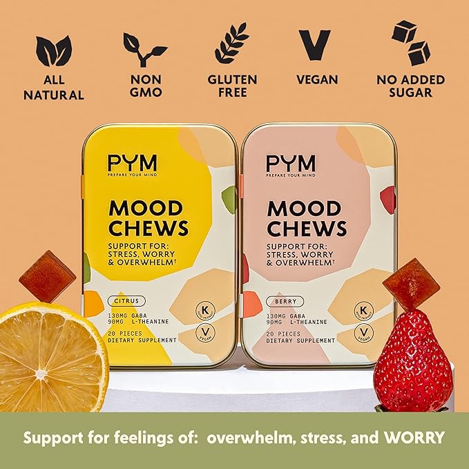 PYM Mood & Focus Chews Variety Pack, 60 Count | Berry & Citrus Mood Chews + Attention Chews | GABA, L-Theanine, L-Carnitine | Vegan, Non-GMO, Caffeine-Free