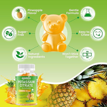 Potassium Citrate Gummies 1200mg, Chewable Potassium Supplement for Adults & Kids - Supports Muscle Health, Leg Cramps & Electrolyte Balance, Sugar-Free, Vegan, Pineapple Flavor, 60 Count