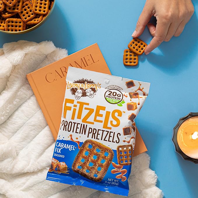 Lenny & Larry's FITZELS Protein Pretzels [Caramel Fix] – 8 x 3oz Bags of High Protein Snacks with 20g Plant Based Protein – Vegan Snack – Incredibly Tasty with Salty Crunch