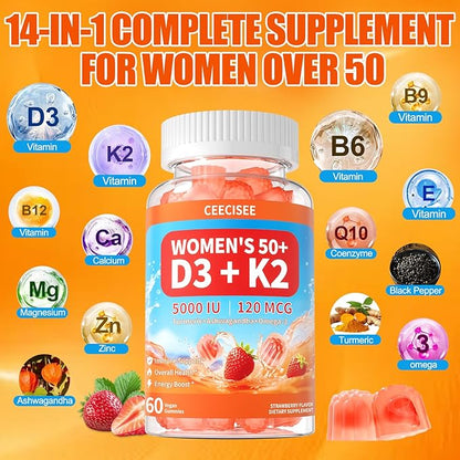 Vitamin D3 K2 Gummies Supplement for Women 50+: Organic Vitamin D3 5000 IU + K2 (MK-7) 120 mcg with 500mg Omega-3, 400mg Calcium, CoQ10 for Immune Health - Extra Strength for Adults(60Count)