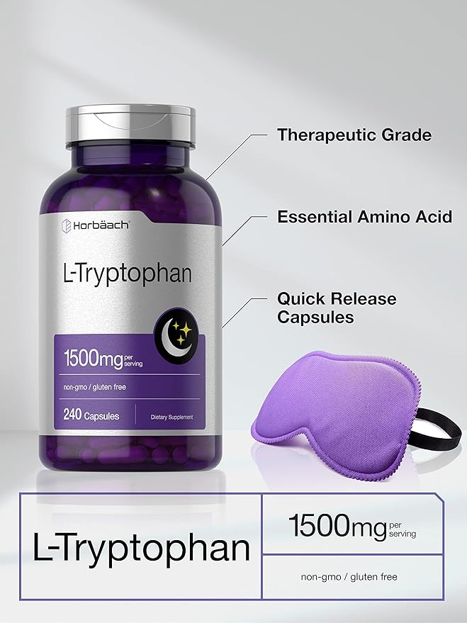 Horbäach L Tryptophan 1500mg Capsules | 240 Count | Nighttime Formula | Non-GMO, Gluten Free Supplement