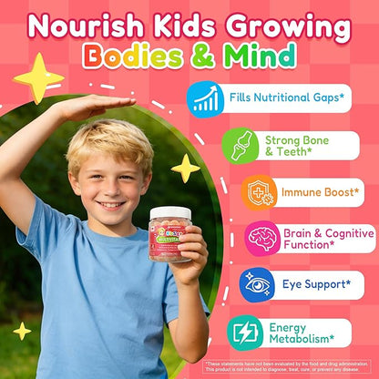 Kids Multivitamin Gummies + Iron, Omega 3, Probiotic, Fiber, Vitamins A C D3 E, K2, Methylfolate, Calcium, Choline, Kids Vitamins Multivitamin for Growth, Immune, Bone, Brain, Focus, No Sugar, 60 Cts