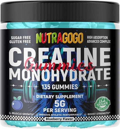 NSF Certified Creatine Gummy - Creatine Monohydrate Gummies for Men & Women-5g of Creatine Monohydrate per Serving - Sugar Free,Vegan, Blueberry Electrolyte Chews, 135 Count