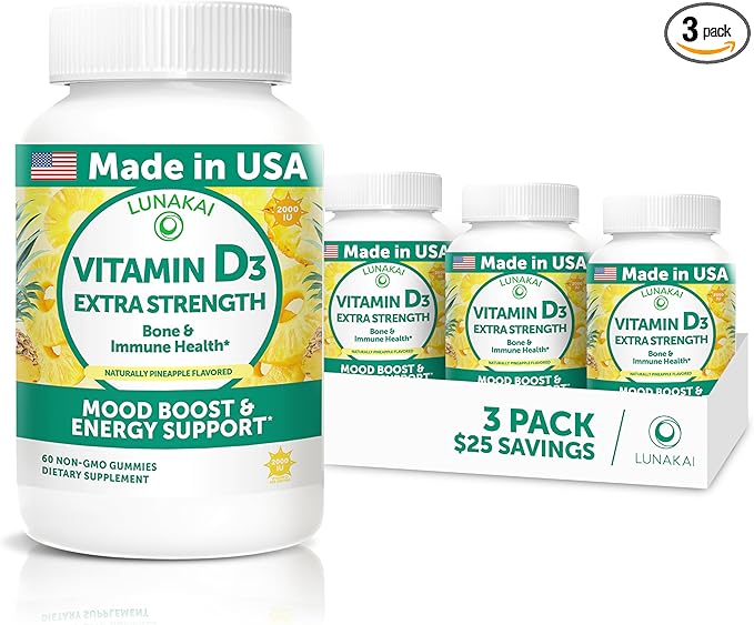 Lunakai USA Made Vitamin D3 Gummies 2000 IU - Non-GMO, Gluten-Free Vitamin D Gummies for Women & Men - Bone, Immune & Energy Support, 60ct, 3 Pack