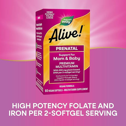 Nature's Way Alive! Complete Premium Prenatal Multivitamins for Women, Healthy Eye and Brain Development*, 60 Vegan Softgels