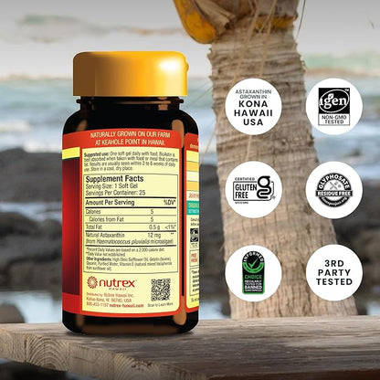 Nutrex Hawaii BioAstin Hawaiian Astaxanthin - 12mg, 25 Softgels - Farm-Direct Premium Antioxidant Supplement to Support Eye, Skin, Joint & Immune System Health - Non-GMO & Gluten-Free