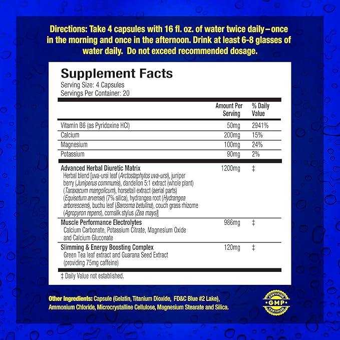 Maximum Human Performance Xpel Maximum Strength Diuretic Water Pills, for Water Retention Relief, Weight loss Support, with Vitamin B-6 Potassium Dandelion Root, 80 Capsules