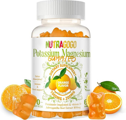 Potassium Magnesium Gummies,Potassium Supplement w/Ashwagandha,High Absorption Magnesium Glycinate,B6,D3,Potassium Citrate for Leg Cramps,Muscle,Electroyte for Adults Kids,Sugar-Free, 60 Gummies