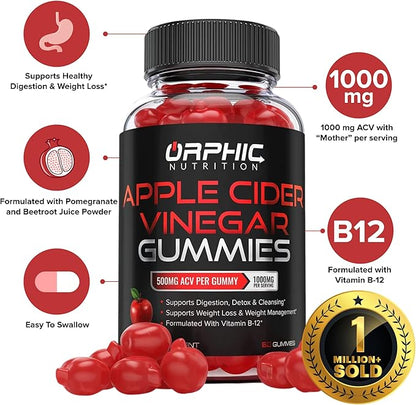 Orphic Nutrition Apple Cider Vinegar Gummies - 1000mg - ACV Weight Loss Gummies - Supports Digestion, Detox & Cleansing - VIT B12, Beetroot - Gomitas de Vinagre de Manzana (120 pcs)