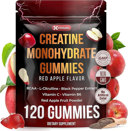 Premium 120 Creatine Gummies - Formulation with Creatine Monhydrate, Vitamin C & B6 - Vegan, Non-GMO, Sugar-Free, Red Apple Flavor