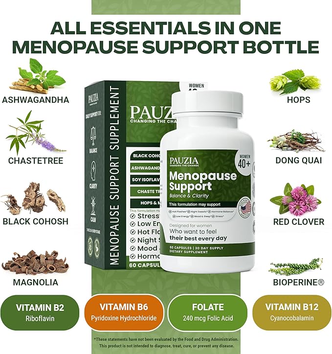 PAUZIA Menopause Supplements for Women 40+ | Natural Menopause Relief with Black Cohosh, Ashwagandha, Vitex | Hot Flash & Mood Support | Hormone-Free | Made in USA (60 Vegan Capsules)