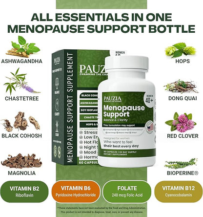 PAUZIA Menopause Supplements for Women 40+ | Natural Menopause Relief with Black Cohosh, Ashwagandha, Vitex | Hot Flash & Mood Support | Hormone-Free | Made in USA (60 Vegan Capsules)
