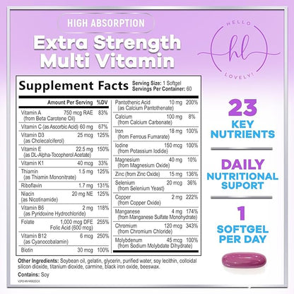 Multivitamin For Women - Complete Daily Woman's Multivitamins with Biotin, Calcium, Folic Acid, Iron, Zinc, Vitamin A, C, D, E & B Vitamins, Women's Hair Skin and Nails Supplements - 60 Softgels