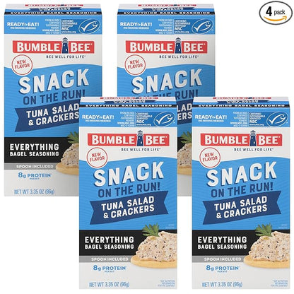 Bumble Bee Snack On The Run Everything Bagel Seasoning Tuna Salad With Crackers Kit, 3.35 oz - Ready To Eat, Spoon Included - Wild Caught Tuna - Shelf Stable & Convenient Protein Snack (Pack of 4)