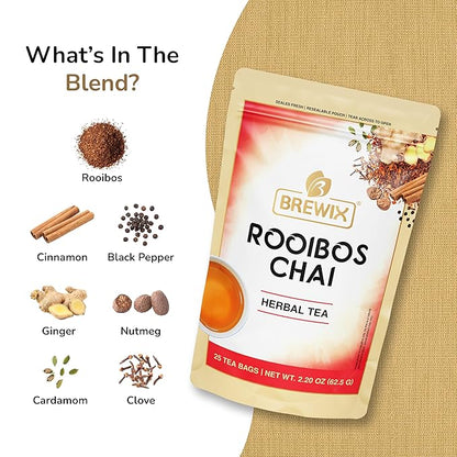 BREWIX, Rooibos Chai Tea Bags (25 Pyramid Tea Bags) Caffeine-Free, Herbal Tea, South African Red Tea | Rooibos, Cardamom, Cinnamon, Black Pepper, Nutmeg, Ginger & Clove