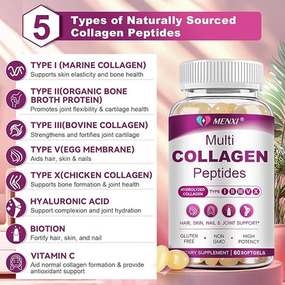 Multi Collagen Peptides Softgel for Women & Men - Type I, II, III, V, X - Hydrolyzed Collagen Peptides with Biotin, Vitamin C & Hyaluronic Acid - Support Skin, Hair, Nail & Joint - Non-GMO, 60 Softgel