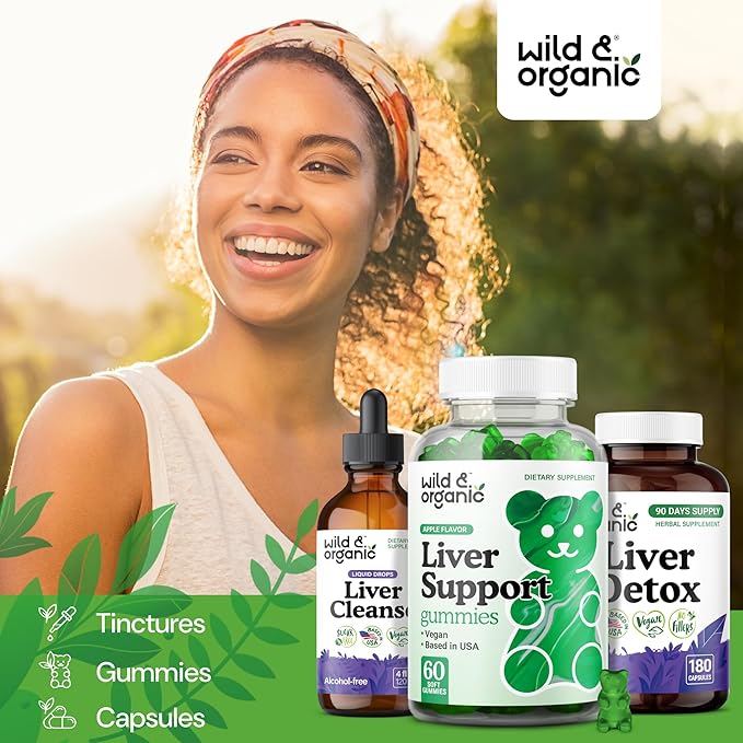 Wild & Organic Liver Support Gummies - Milk Thistle, Dandelion Root Extract for Liver Cleanse Detox - 60 Silymarin Milk Thistle Gummies - Vegan, Non-GMO Herbal Supplement.