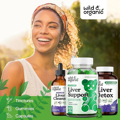Wild & Organic Liver Support Gummies - Milk Thistle, Dandelion Root Extract for Liver Cleanse Detox - 60 Silymarin Milk Thistle Gummies - Vegan, Non-GMO Herbal Supplement.