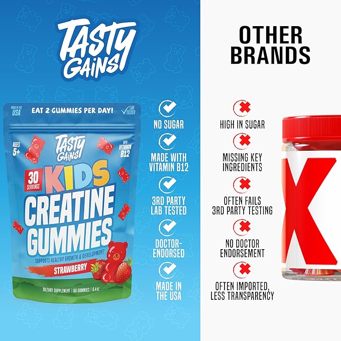 TASTY GAINS Kids Creatine Gummies with Vitamin B12 for Growth Support, Kids Vitamin Gummies for Daily Nutrition Support, Gummy Vitamins for Kids, Easy Chew Supplement for Children