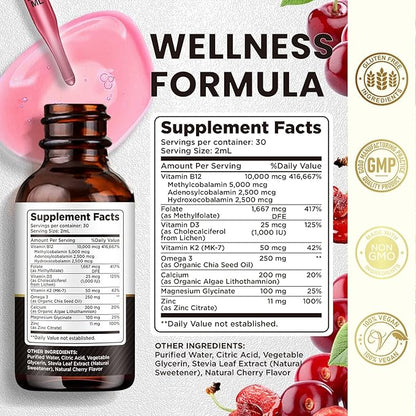 Vitamin B12 Complex 10000 mcg | Triple Liquid B-12 Drops Sublingual Supplement | Methylcobalamin & Adenosylcobalamin & Hydroxo Blend for Long-Lasting Energy and Healthy Metabolism Cherry Flavor, New
