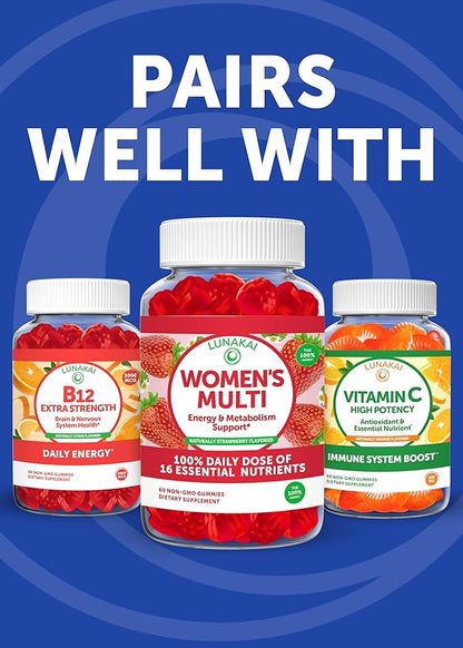 Lunakai USA Made Vegan Energy Gummies – Daily Energy Supplements – 3000mcg Vitamin B12 Gummies for Women & Men – for Home or On‑the‑Go Use, 60ct