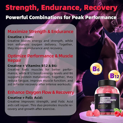Creatine Monohydrate Gummies 5000mg w/Iron, Vitamin B6 & B12, Sugar Free 5g Creatine Supplements for Women and Men Boost Energy & Muscle Recovery - 90 Raspberry Gummies