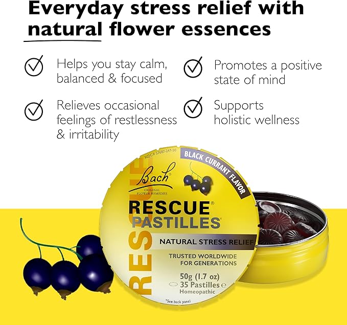 Bach RESCUE PASTILLES, Black Currant Flavor, Natural Stress Relief Lozenges, Homeopathic Flower Essence, Vegetarian, Gluten And Sugar-Free, 35 Count