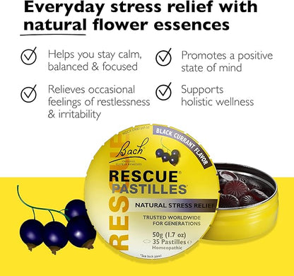 Bach RESCUE PASTILLES, Black Currant Flavor, Natural Stress Relief Lozenges, Homeopathic Flower Essence, Vegetarian, Gluten And Sugar-Free, 35 Count