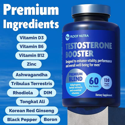Testosterone Booster Supplement for Men - Male Enhancing Test Boost - Ashwagandha, Tongkat Ali, Rhodiola, Tribulus, Vitamin D3, B6, B12 - Workout, Muscle Builder, Strength, Energy, Performance - 120ct