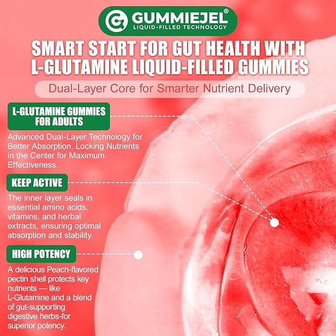 L-Glutamine 1200mg Gut & Immune Support Gummies,Leaky Gut Repair Supplement with Slippery Elm,Marshmallow Root,Ginger Root,Arabinogalactan,Organic Aloe,Vitamin C,Vitamin D3,Zinc,Sugar-Free | 60 Count