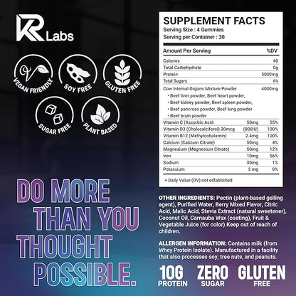 Protein Gummies with Beef Organs | 300g Total Protein per Bag | 10g per Serving Plant Based with Vitamins for Men & Women | Gluten Free Non-GMO Mixed Berry | (120 Count)
