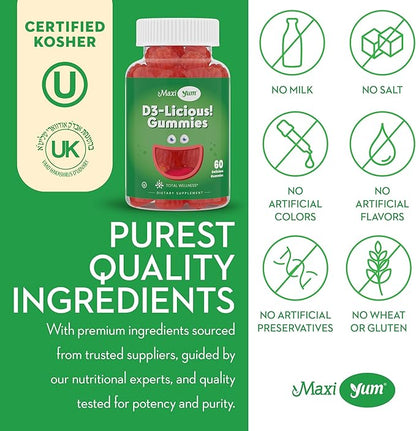 Maxi Health Vitamin D Gummies – 1000 IU Vitamin D3 Gummies – Supports Immune System, Bone & Muscle Wellness – Vegan, Kosher, Cherry Flavor, 60 Count