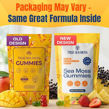 TrueSeaMoss Sea Moss Gummies with Bladderwrack & Burdock Root – Vegan Formula for Adults & Kids – Fruity Flavor – 60 Gummies (Pouch May Vary)