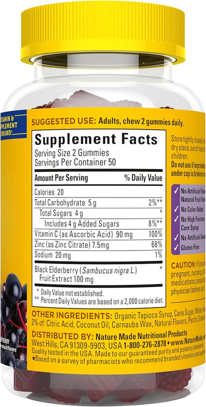 Nature Made Elderberry Gummies with Vitamin C and Zinc, Dietary Supplement for Immune Support, 100 Elderberry Gummies, 50-Day Supply