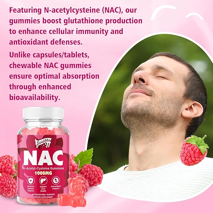 NAC Gummies Sugar-Free, N-Acetyl Cysteine NAC Supplement 1000mg for Antioxidants, Immune Support, Non-GMO, Gluten-Free, Vegan – Raspberry Flavor, 60 Gummies