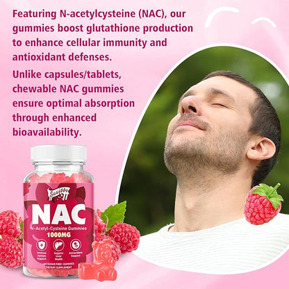 NAC Gummies Sugar-Free, N-Acetyl Cysteine NAC Supplement 1000mg for Antioxidants, Immune Support, Non-GMO, Gluten-Free, Vegan – Raspberry Flavor, 60 Gummies