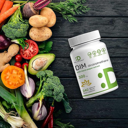 DIM Supplement 300mg, 240 Caps, 4 Months Supply | Estrogen Balance for Men & Women | Diindolylmethane Plus Black Pepper Extract for Enhanced Absorption