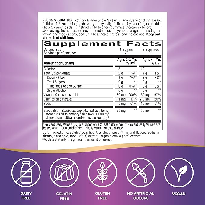 Nature's Way Sambucus Zero Sugar Elderberry Immune Gummies for Kids, Immune Support*, with Vitamin C, Zinc, Black Elderberry Extract, 70 Count (Packaging May Vary)
