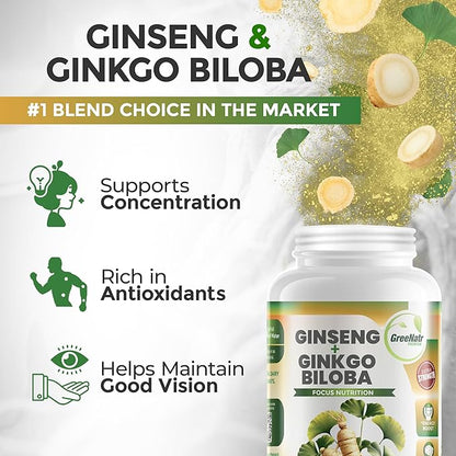 GreeNatr Ginko Biloba & Panax Ginseng Supplement - Red Ginseng Brain Supplement for Memory and Focus - Ginkgo Biloba Supplements for Good Vision, Immune System and Improved Blood Flow - 12 Bottles