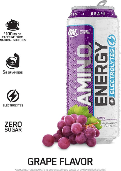 Optimum Nutrition Amino Energy Powder, Concord Grape, 20.6 Ounce, 65 Servings with Essential Amino Energy Plus Electrolyes Sparkling Drink, Grape, 12 Count - Bundle Pack
