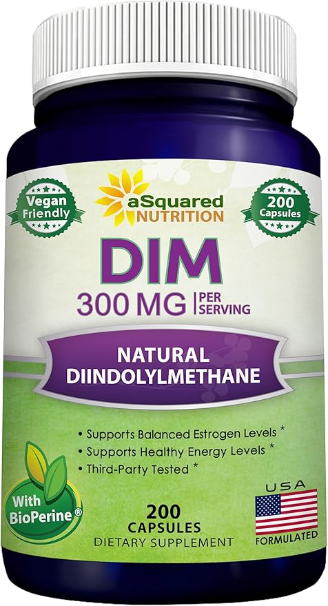 aSquared Nutrition DIM Supplement 300mg Per Serving Plus BioPerine - 200 Veggie Capsules - Diindolylmethane DIM Max Strength Pills to Support Estrogen Metabolism & Balance, Menopause, Hormonal Acne