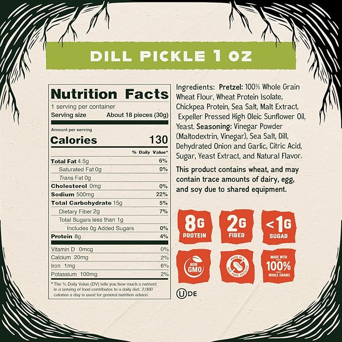 Kindling Protein Pretzels - Dill-Pickle | Protein-Packed Snack Size Bags | Kosher | 8-9g Protein Per Serving | No Artificial Flavors, Soy-Free | Lunches, Office Snacks, & On-the-Go | 16-Count (1.06oz Bags)