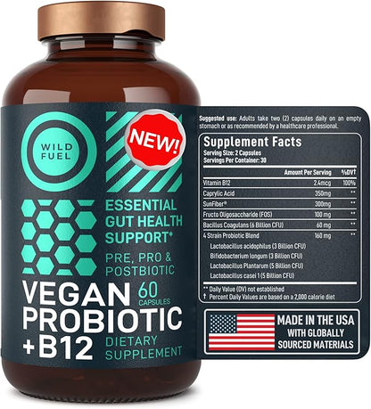 Vegan Probiotic Plus B12 & FOS - 22 Billion CFU Synbiotics Prebiotics and Probiotics for Digestive Health, IBS, Mood Support - B12 Pre Pro Post Biotics for Women & Men - 60 Gluten-Free Capsules