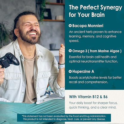 Phosphatidylserine - Nootropic Brian Supplement, Focus & Energy Gummies+ Bacopa Monnieri, Omega 3, Huperzine A, Methyl B12 & B6 for Seniors, Gamers, Workers, Non-GMO, Caffeine-Free, Sugar Free, 2 Pack