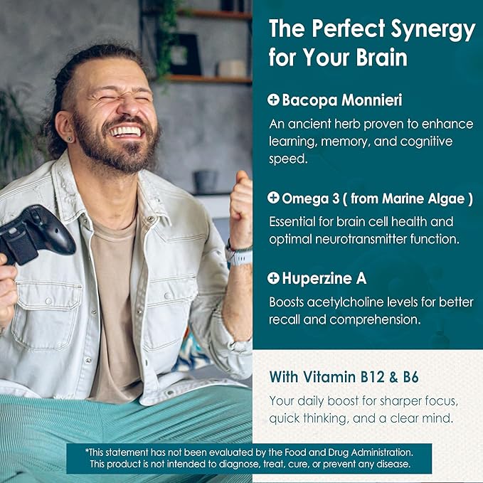 Phosphatidylserine - Nootropic Brian Supplement, Focus & Energy Gummies + Bacopa Monnieri, Omega 3, Huperzine A, Methyl B12 & B6 for Seniors, Gamers, Workers, Non-GMO, Caffeine-Free, Sugar Free,60 Cts