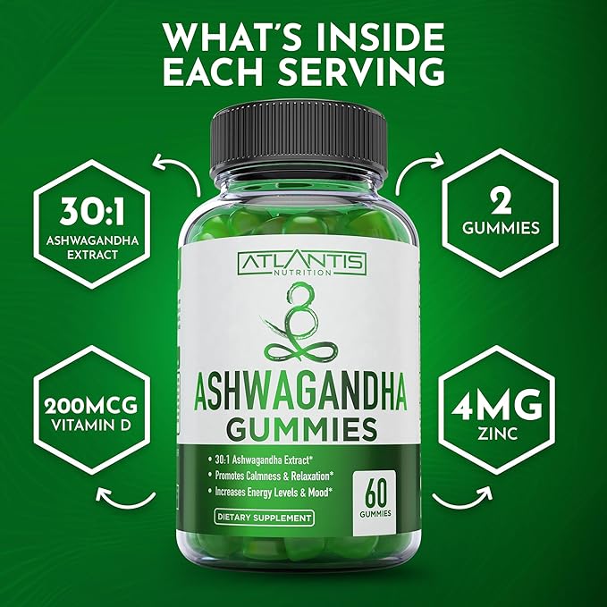 Atlantis Nutrition Ashwagandha Gummies - Ashwagandha Extract 30:1 - Promotes Calmness, Improves Mood, Boosts Energy Levels & Strengthens Immune System - Formulated w/Vitamin D & Zinc - Vegan | 60 Ct