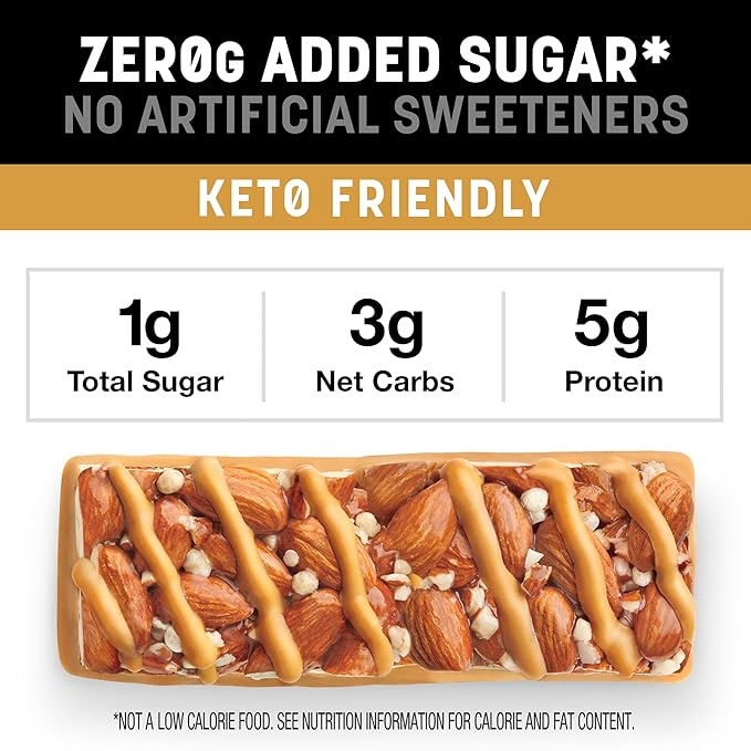 Kind Zero Added Sugar Healthy Snacks Bars, Caramel Almond & Sea Salt, Gluten Free, High Fiber, Keto Snacks, 5g Protein, 5 Count