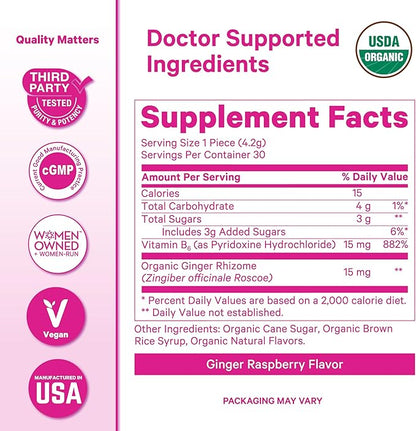 Pink Stork Organic Ginger Raspberry Sweets with Vitamin B6 for Morning Sickness and Motion Sickness, Added Ginger & Vitamin B6, 1st Trimester Pregnancy Must Haves - 30 Wrapped Candies